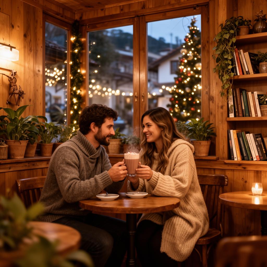 Casal conversando em um café acolhedor