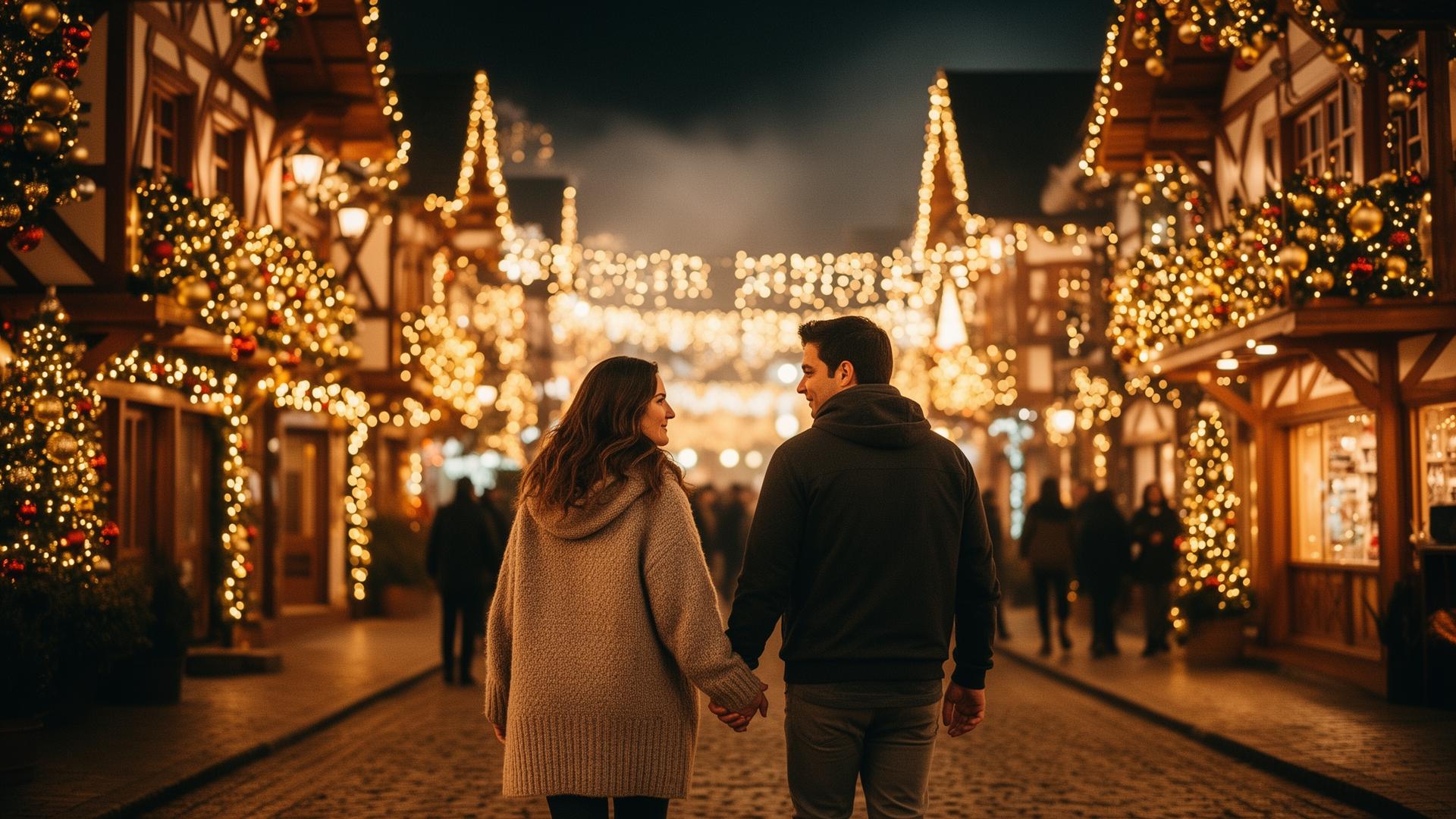 Casal caminhando em Gramado durante o Natal Luz